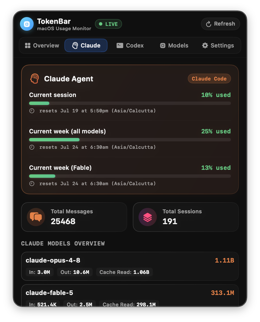 Claude Code session usage, weekly limit, and reset time in TokenBar