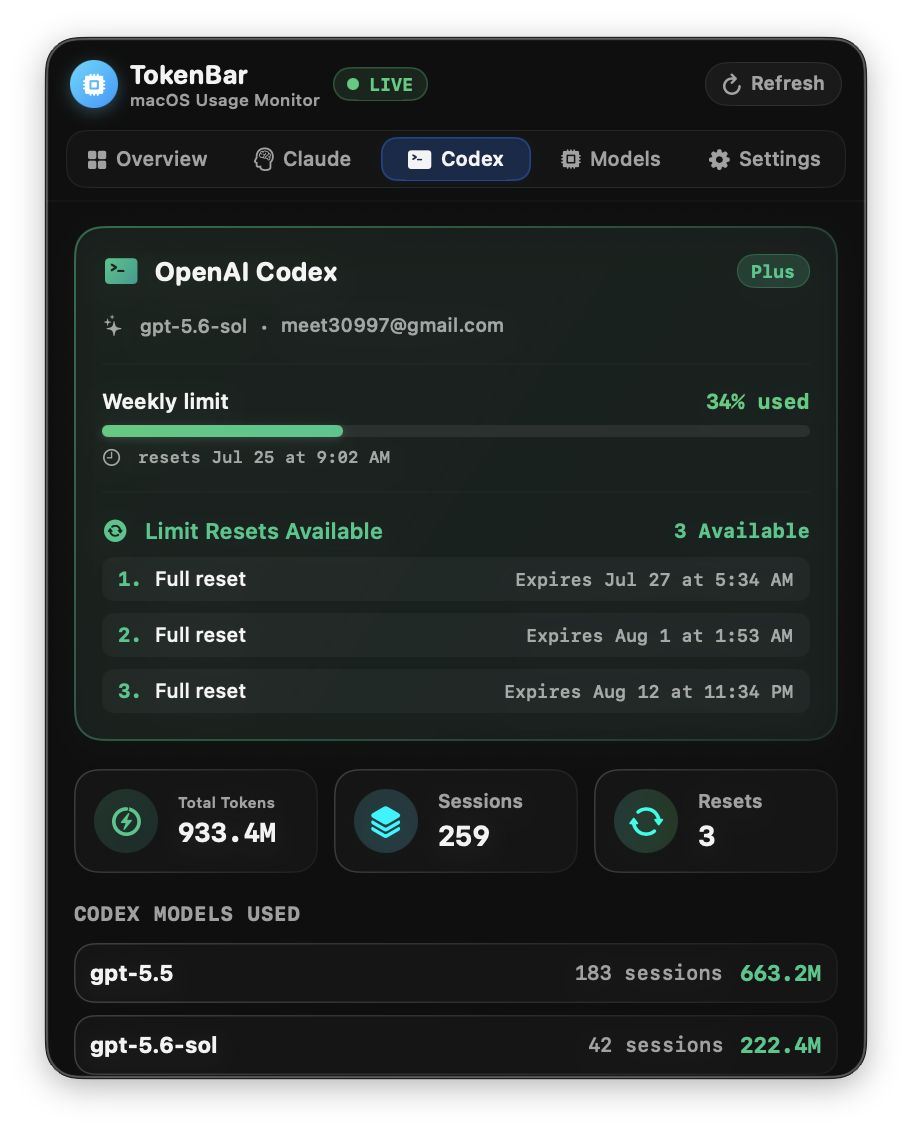 OpenAI Codex rate limits and account information in TokenBar