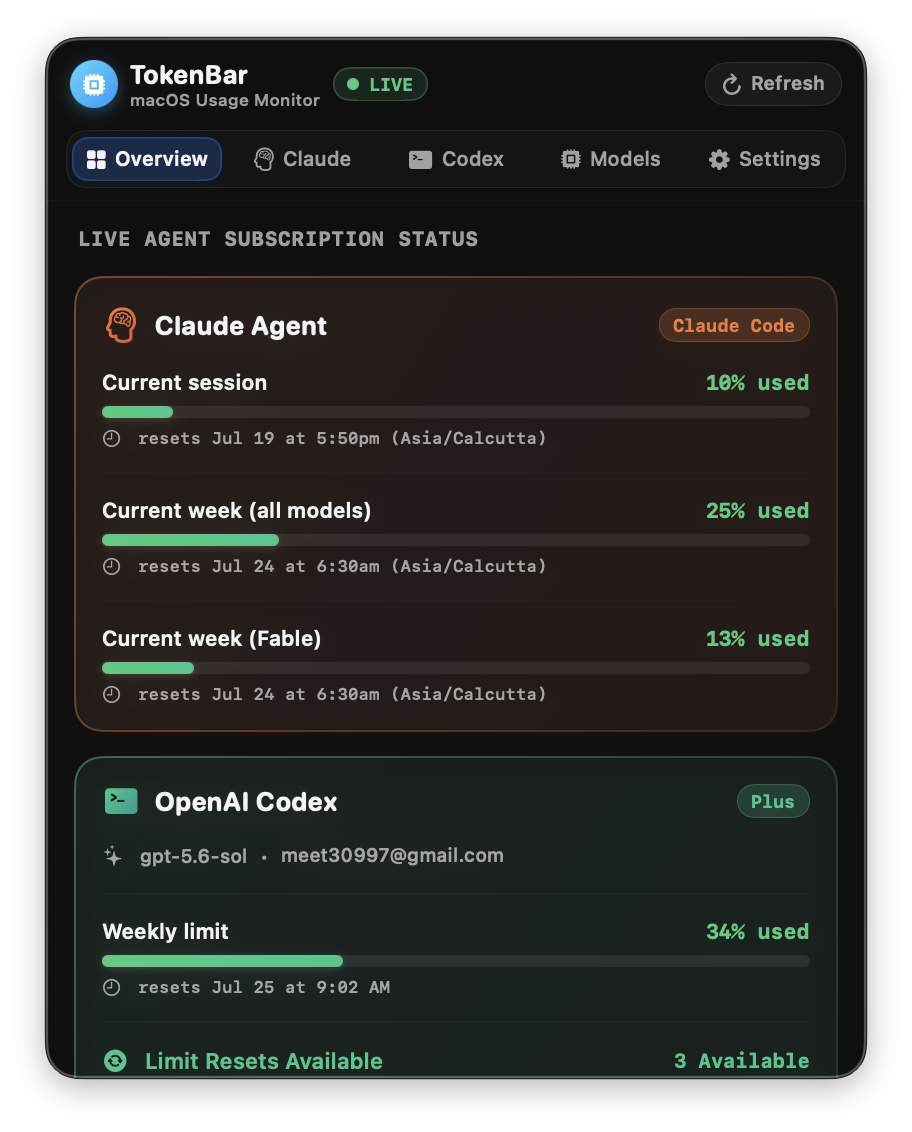 TokenBar showing Claude Code and OpenAI Codex usage in the macOS menu bar