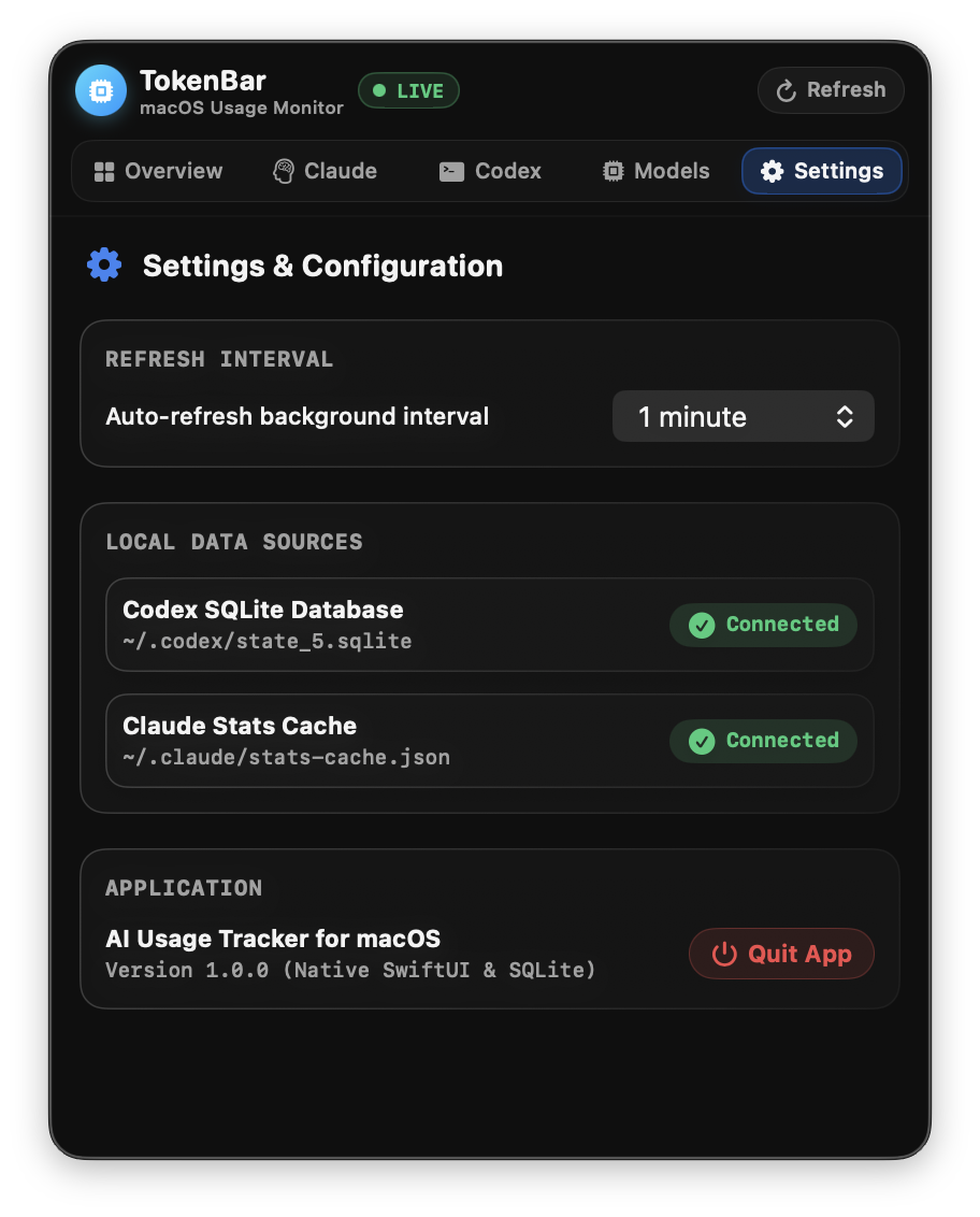 TokenBar refresh interval, tab, and display settings