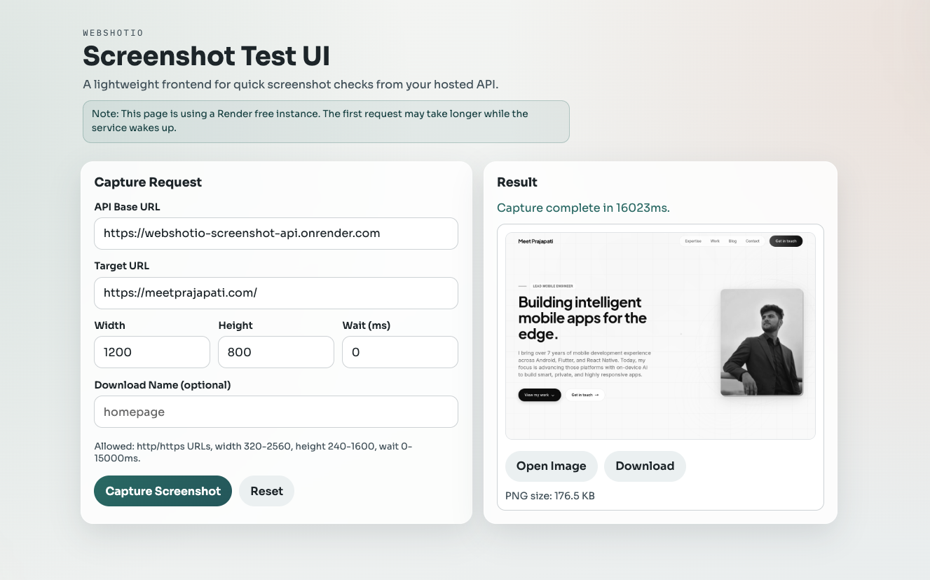 Webshotio GitHub Pages test frontend with screenshot result